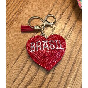 Red Heart "Brasil" Keychain With Tassel Charm & Rhinestone Details Bag Charm